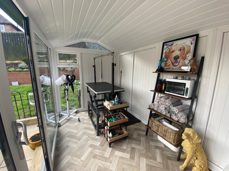 C.E.A. Dog Grooming Salon grooming area with golden retriever painting and statue and electric grooming table